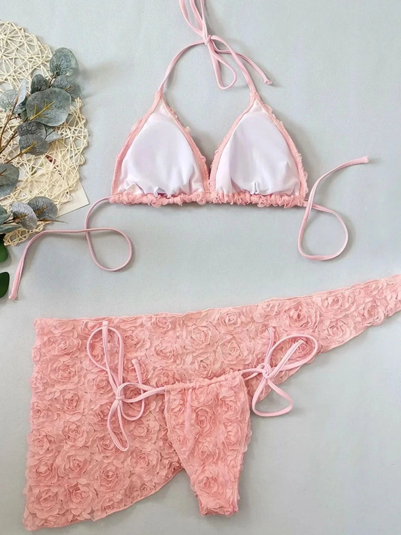 Women's Sexy 3 Piece Bikini Set 3D Flower Beach Skirt Swimsuit Pure Pink Triangle Halter Backless Thong Swimwear 2025 Summer New - M & M Global