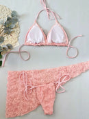 Women's Sexy 3 Piece Bikini Set 3D Flower Beach Skirt Swimsuit Pure Pink Triangle Halter Backless Thong Swimwear 2025 Summer New - M & M Global
