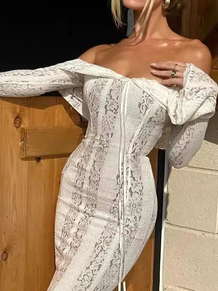 Mozision Floral Lace Off-shoulder Maxi Dress For Women White Strapless Backless Long Sleeve Bodycon Club Party Sexy Long Dress - M & M Global