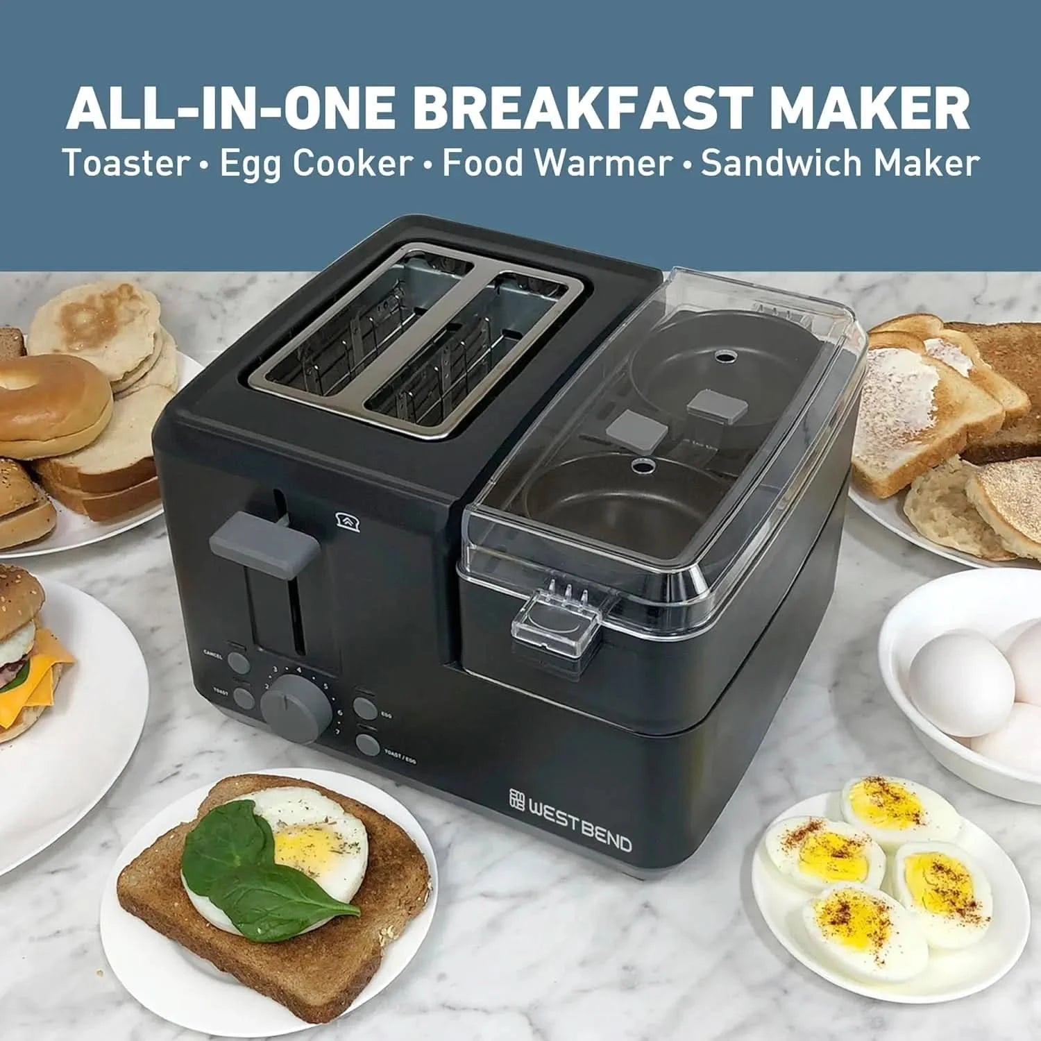 78500 Breakfast Station, 2-Slice Toaster with Removable Meat and Vegetable Warming Tray and Egg Cooker/Poacher, Black - M & M Global