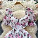SINGREINY Beach Vacation Floral Print Dress Women Backless Lace Up Cross Bandage Ruched Korean Hotsweet Fashion Party Long Dress - M & M Global