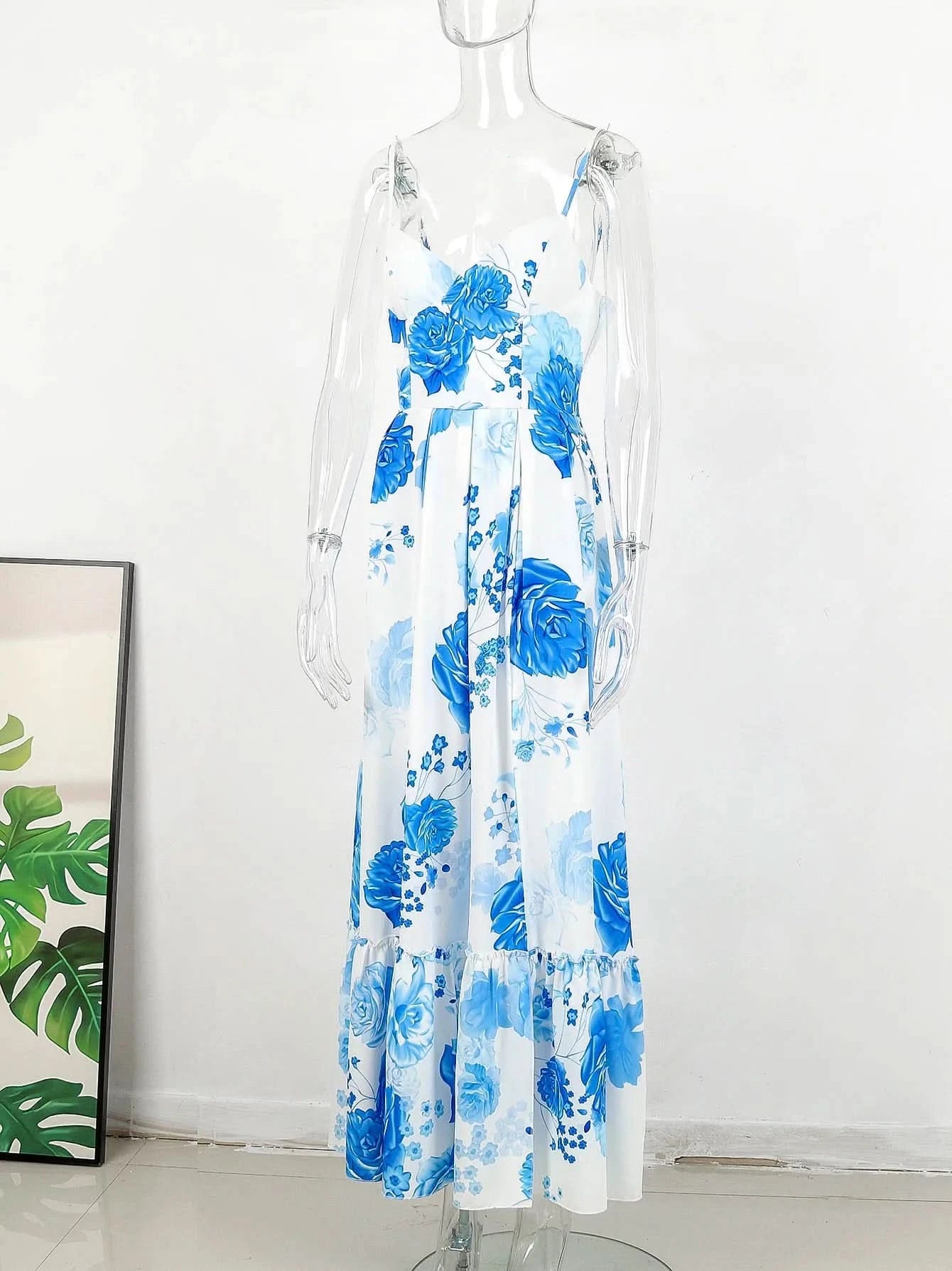 Summer Print Long Dress Women Clothing Lace Up Sling Party Dresses Pattern Strappy Ladies Hollow Out V-Neck Beach Vestidos - M & M Global