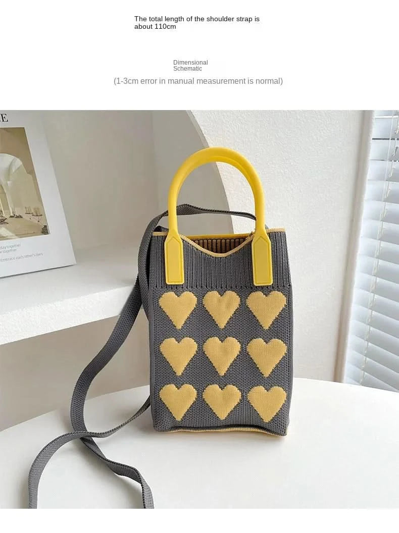 Korean Fashion Heart Knitted Mini Square Handbag for Women Small Mobile Phone Shoulder Bags Girls Cute Outdoor Crossbody Bags - M & M Global