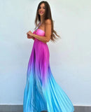 Women Chic Gradient Print Halter Neck Pleated Beach Long Dress Fashionable Long Dress Sexy Hollow Out Vacation Maxi Dress Outfit - M & M Global