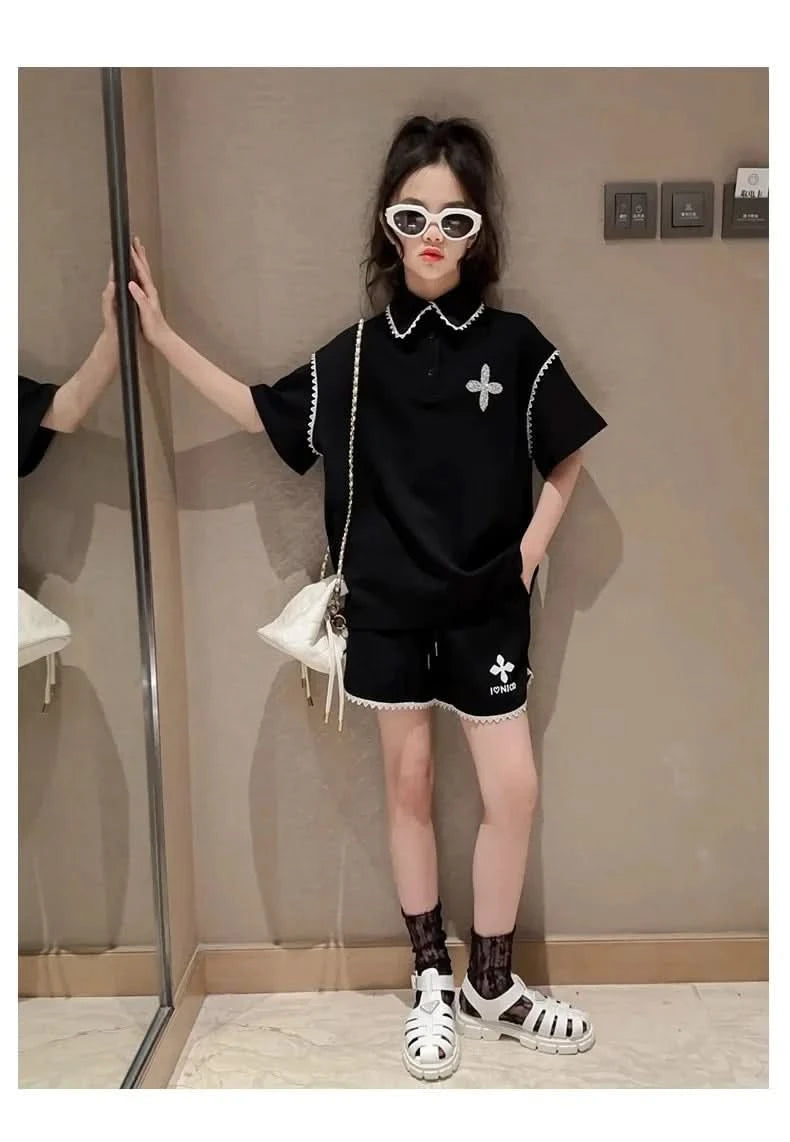 Girls Summer Polo Shirt Set Ruffle Collar T-Shirt Shorts Two-Piece Korean Style Mid-Big Children Fashionable Clothing - M & M Global