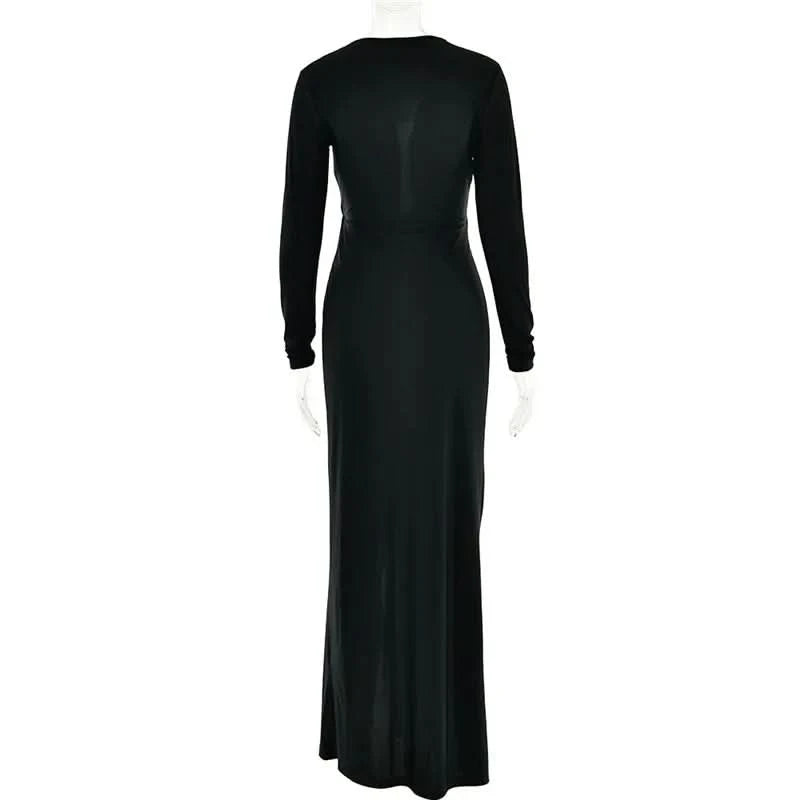 Mozision Deep V Neck Long Sleeve Split Maxi Dress Women Elegant Clubwear 2023 Autumn New Bodycon Ruched Sexy Long Dress - M & M Global