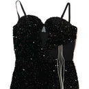 CM.YAYA Women Sequined Tassel Front Spaghetti Strap Sleeveless High Side Slit Maxi Long Dress 2023 Evening Sexy Party Dresses - M & M Global