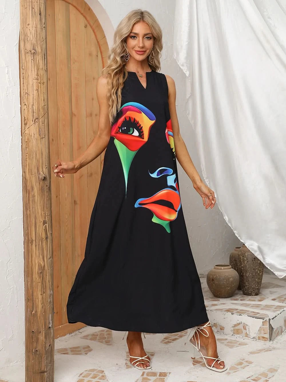 Lady Spring Summer Black Long Dress Sleeveless Red Petals Print Elegant Dresses For Women 2023 Party Beach Women Dress - M & M Global