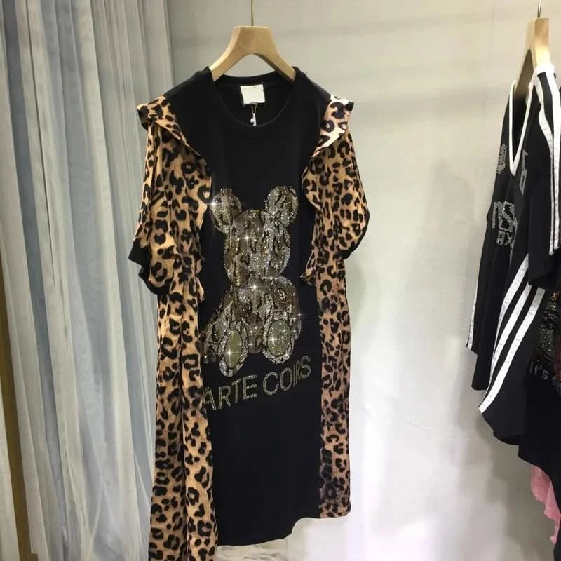 Extra size 300 pounds fat people wear summer women's dress leopard print patchwork bear rhinestone short-sleeved skirt - M & M Global