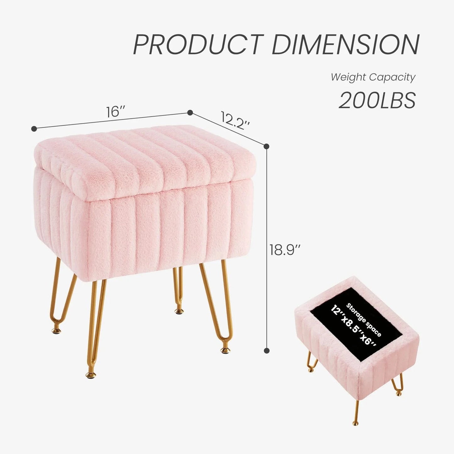 JHK Faux Fur Bedroom seating Hidden Storage Stools Ottomans Padded Makeup with 4 Metal Legs Anti-Slip Adjustable Feet for Home