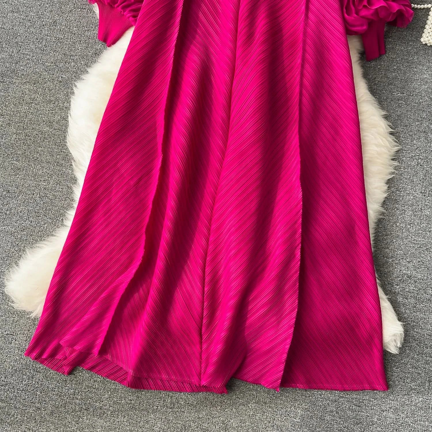 Sweet Pleated Vintage Three-dimensional Flower Loose Long Dress Chic Evening Korean Fashion Fashion Women Summer Dresses - M & M Global