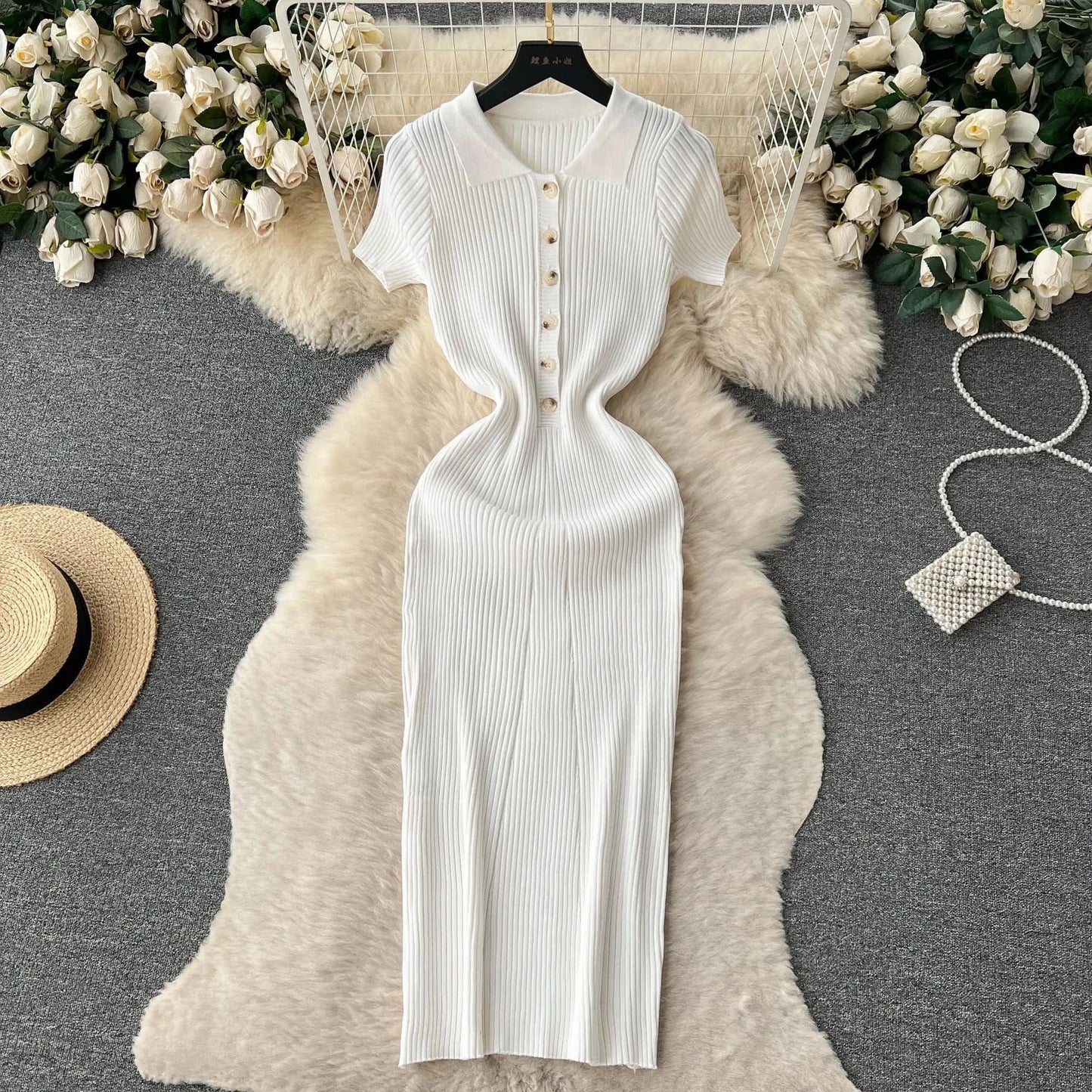 Summer Elastic Women Solid Knit Dress Summer Rose Red Retro Loose Sundress Sets 2024 bodycon Streetwear Sheer Beach Long Dress - M & M Global