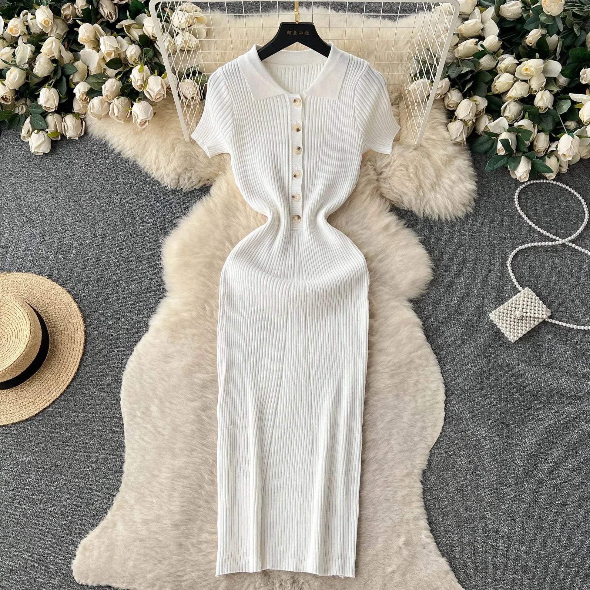 Summer Elastic Women Solid Knit Dress Summer Rose Red Retro Loose Sundress Sets 2024 bodycon Streetwear Sheer Beach Long Dress - M & M Global
