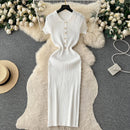 Summer Elastic Women Solid Knit Dress Summer Rose Red Retro Loose Sundress Sets 2024 bodycon Streetwear Sheer Beach Long Dress - M & M Global