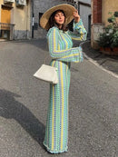 Contrast A-line Vestidos 2025 Female Party Club Vacation Robes Sexy Backless Women's Flare Sleeves Long Dress Fashion Elegant - M & M Global