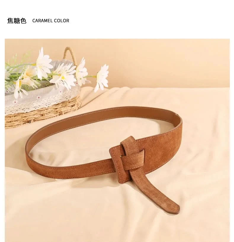Knotted Belts for Women Belt Lady Waistband Soft Genuine Leather Suede Cowhide Waist Belt Straps Long Dress Coat Accessories - M & M Global