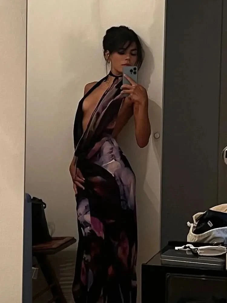 Women Summer Tie-dye Backless Long dress Beach Skirt Cover up - M & M Global