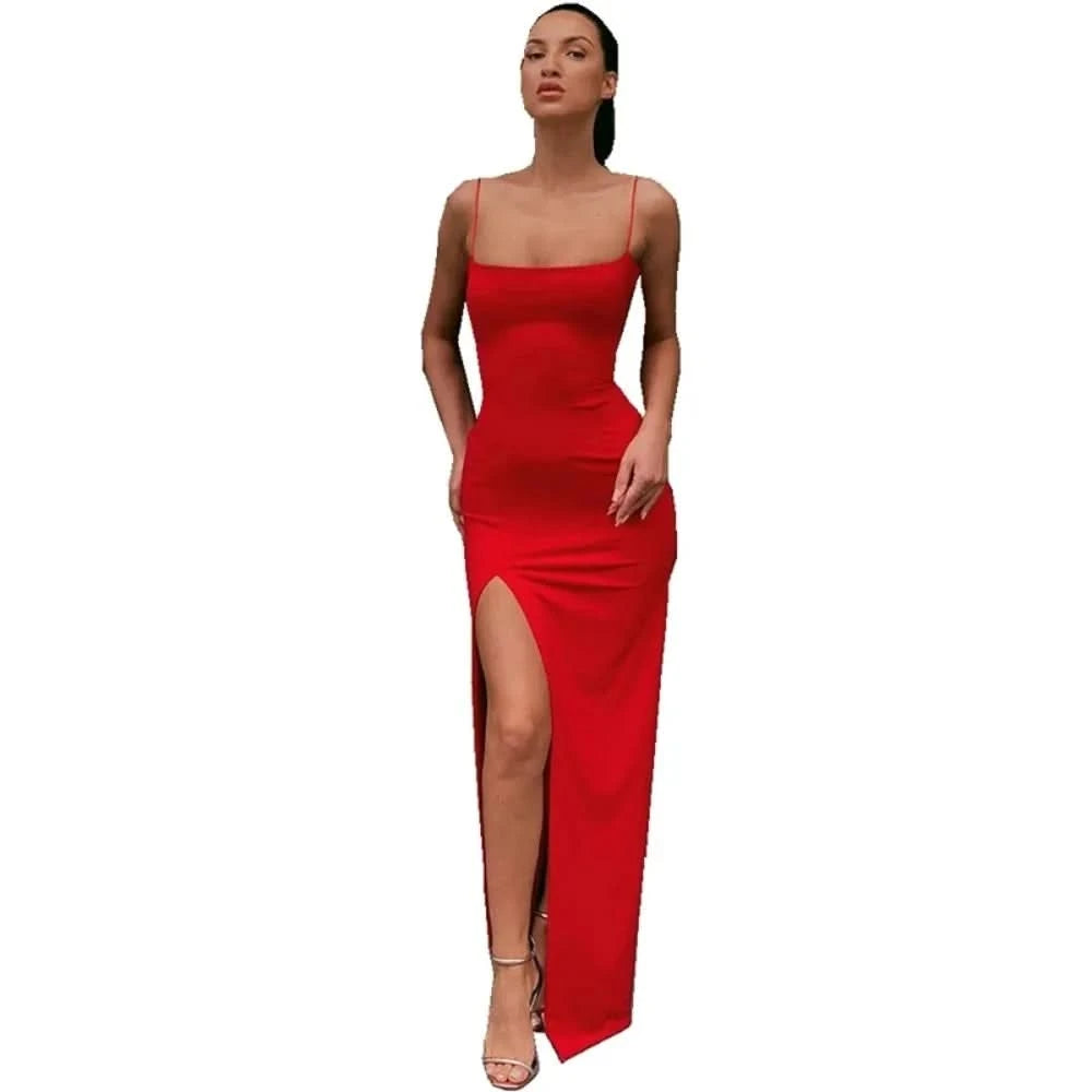 Summer Women's L-4XL Plus Size Camisole Slim Fit Solid Color Sleeveless Long Dress Party Backless Sexy Slit Fashion Party - M & M Global