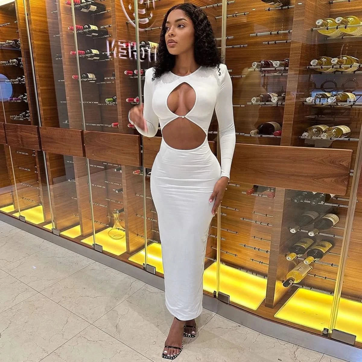 Hawthaw Women 2024 Spring Autumn Sexy Long Sleeve Party Club Hollow Out Bodycon White Long Dress Wholesale Items For Business - M & M Global