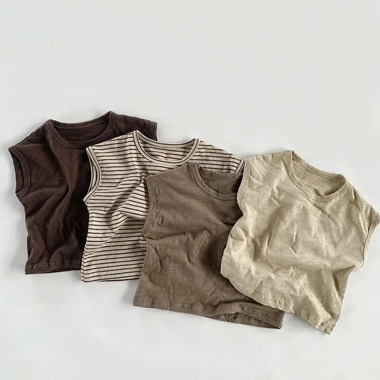 Summer Children Slub Cotton T Shirts Korean Fashion Toddler Kids Sleeveless Striped T-Shirts Baby Boys Casual Tank Tops 4 5 6 7Y - M & M Global