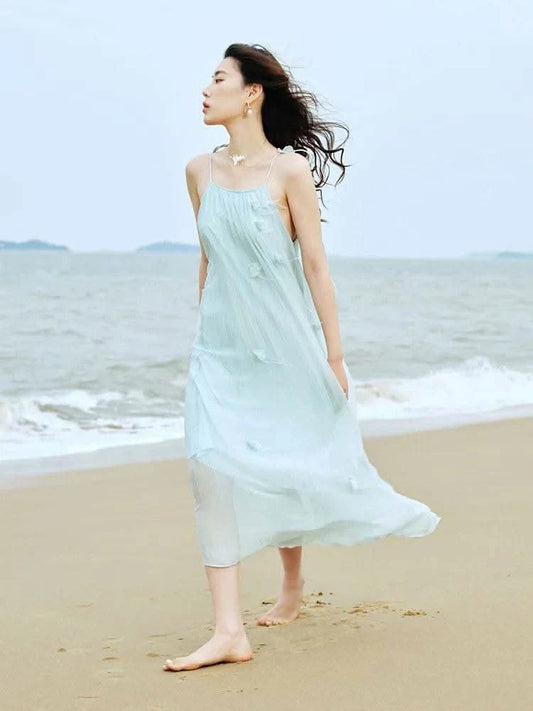 DUSHU Sleeveless Women Thin Long Dress Holiday Style Female Summer Spaghetti Strap Dress Green Women A-LINE Dress 24DS82796 - M & M Global