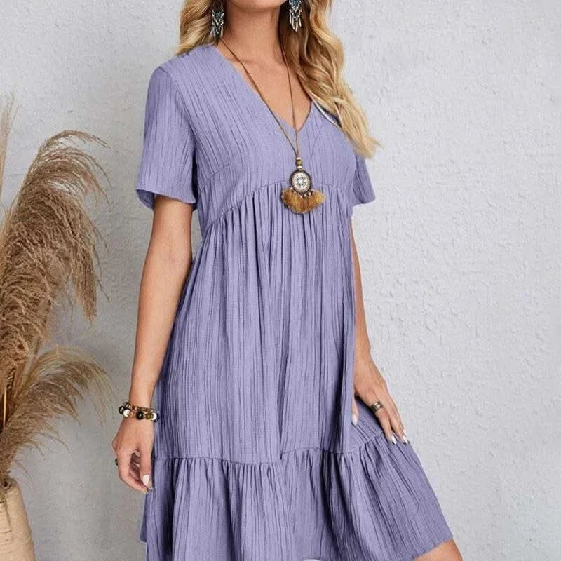 2025 Loose V-neck Short Sleeved Pleated Women Dress Solid Color A-line Beach Dresses Elegant Simple Comfortable Woman Clothing - M & M Global