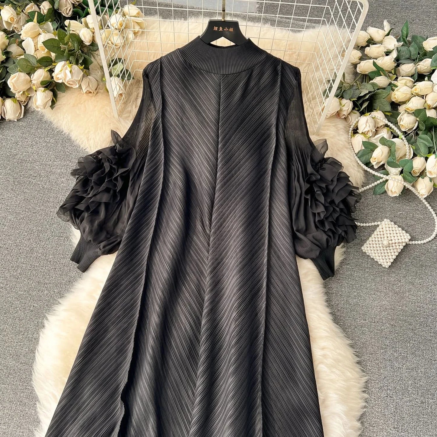 Sweet Pleated Vintage Three-dimensional Flower Loose Long Dress Chic Evening Korean Fashion Fashion Women Summer Dresses - M & M Global