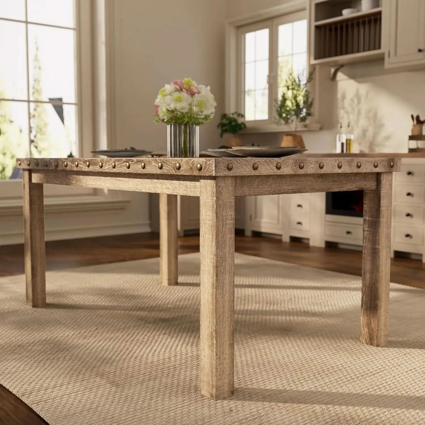 Rustic Dining Table, Farmhouse Kitchen Dining Chairs , Charming 60" Rectangular Wooden Table& Upholstered