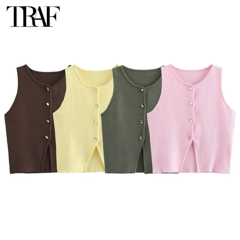 TRAF Pink Knit Sleeveless Vest Women Cropped Sweater Vest Top Women Yellow Button Vests for Women Streetwear Waistcoat Knitwears - M & M Global