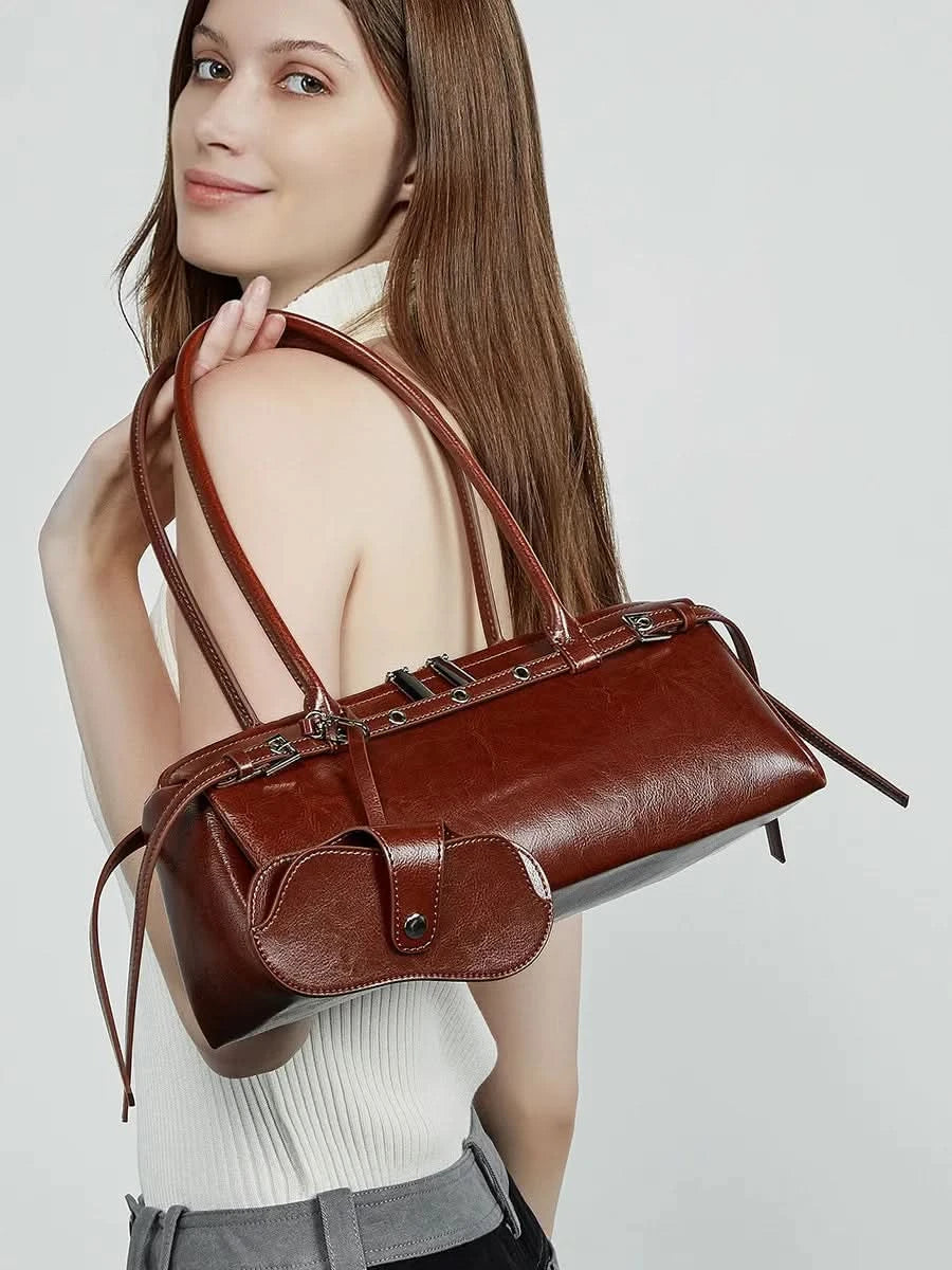 Genuine Leather Women's Baguette Bag Niche Retro Motorcycle Trend Cool belt Handbag New Luxury Design Shoulder Underarm Bag - M & M Global