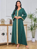 Ramadan Luxury Muslim Fashion Bat Sleeve Moroccan Turkiye Dubai Dress Middle East Arab Dress Sequins Golden Velvet Long Dress - M & M Global