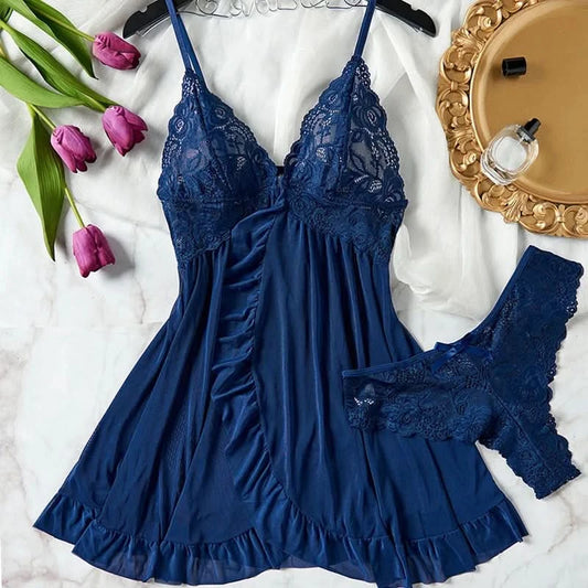 Tulle Suspenders Exquisite Women's Lencerias Lace V-Neck Underwear Semi-transparent Thong Dress Set Females Lingerie Nightgowns - M & M Global