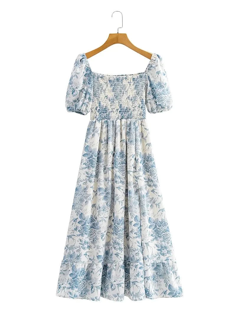 Summer Off-the-shoulder Short Sleeved Floral Split Long Chiffon Dress Swallows Print Fit and Flared Sweet  Ruffles Long Dress - M & M Global