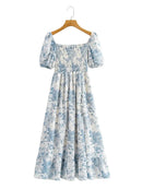 Summer Off-the-shoulder Short Sleeved Floral Split Long Chiffon Dress Swallows Print Fit and Flared Sweet  Ruffles Long Dress - M & M Global
