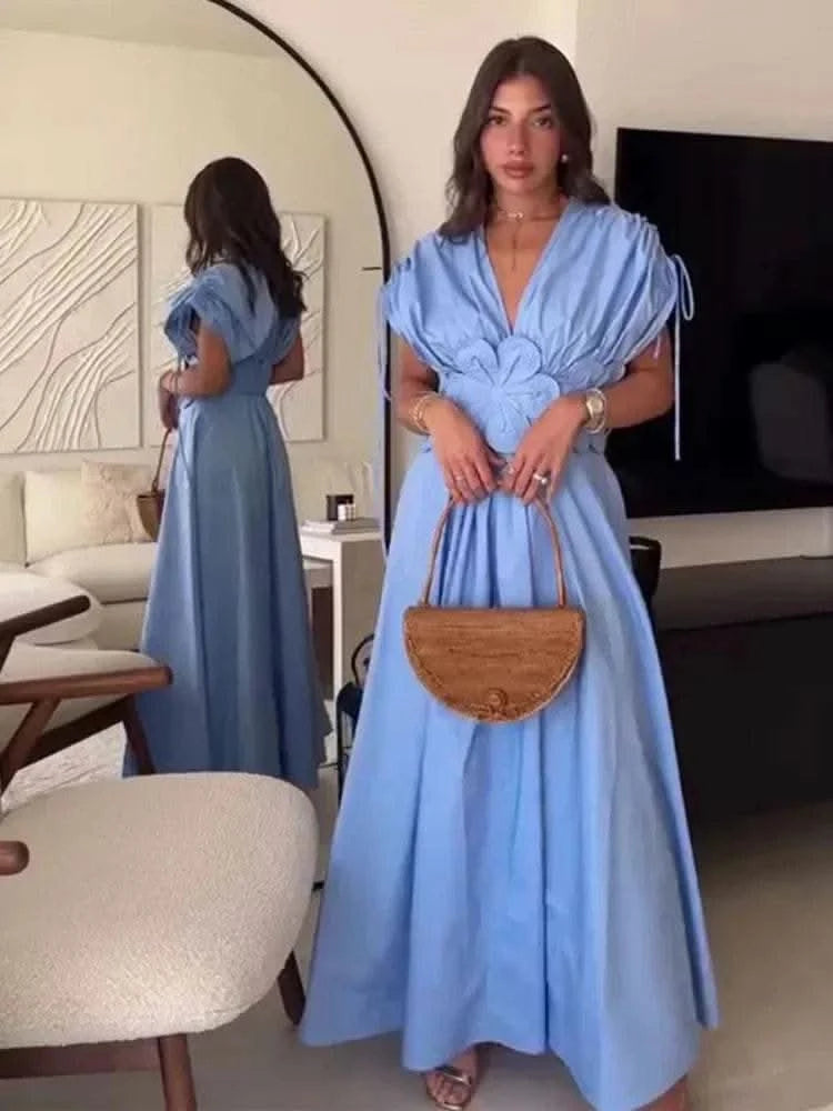 Blue V-Neck Waist-Fitted Bow-Decored Long Dress For Women Fashionable And Elegant European And American Style - M & M Global