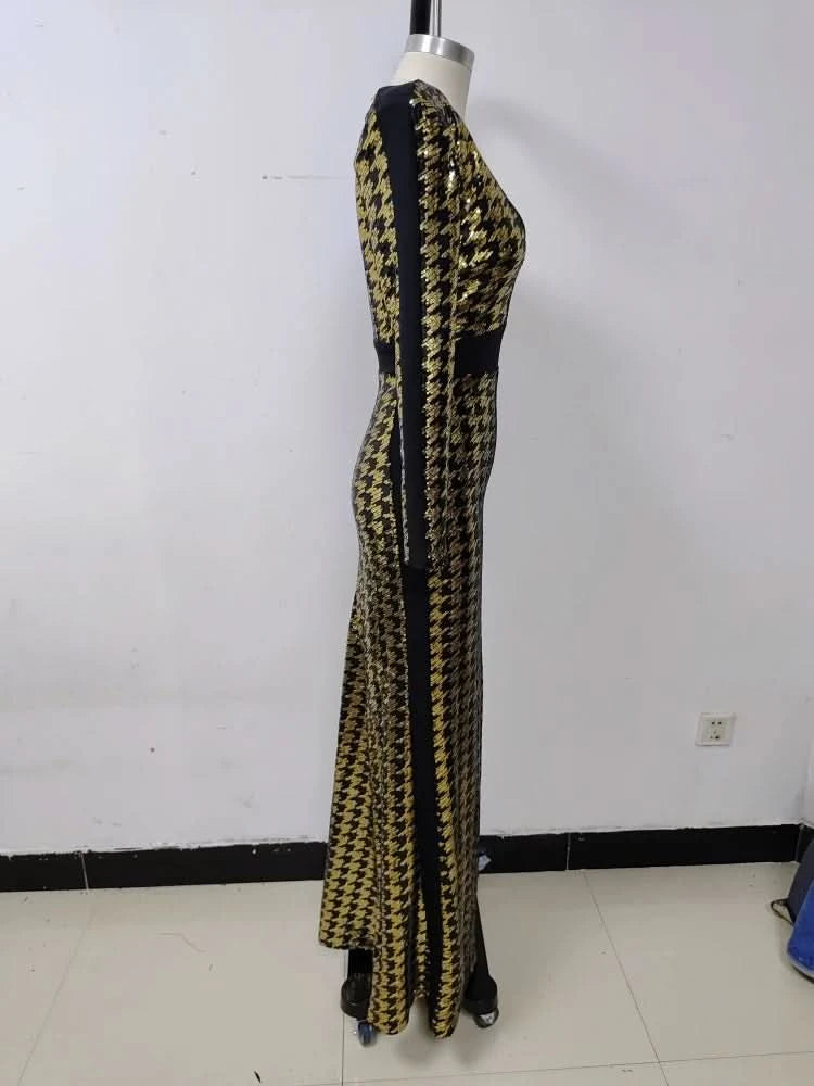 Sexy V Neck Bird Lattice Sequins Maxi Dress Women Black Gold Sequin Long Sleeves Bocycon Long Dress Runway Evening Party Gown - M & M Global