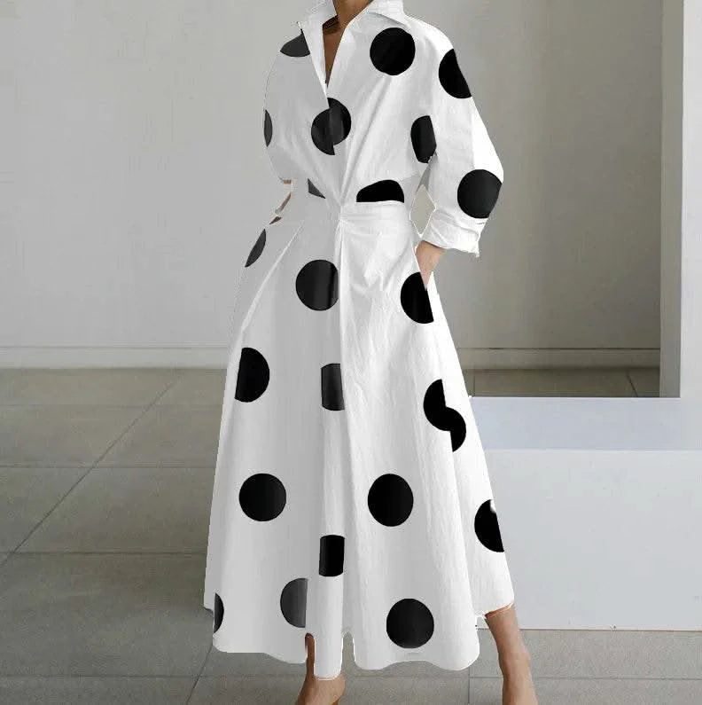 Autumn Dress Long Sleeve Dot Print Elegant Maxi Dresses For Women 2023 White Casual V Neck Shirt Party Long Dress Robe Femme - M & M Global