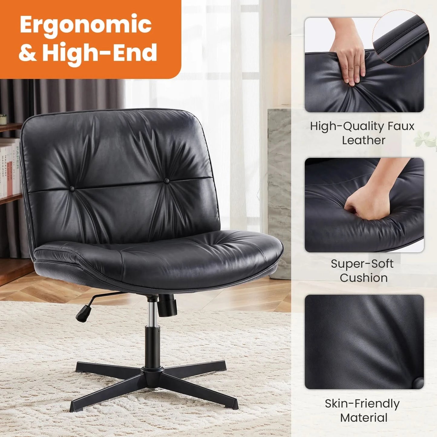 JHK PU Leather Cross Legged Office Chair Armless Desk Chair with Dual-Purpose Base Adjustable Swivel Fabric Task Vanity Home