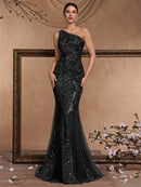 Luxury Skew-shouldered Applique Sequins Formal Evening Dresses Elegant Mermaid Maxi Sleeveless Party Cocktail Prom