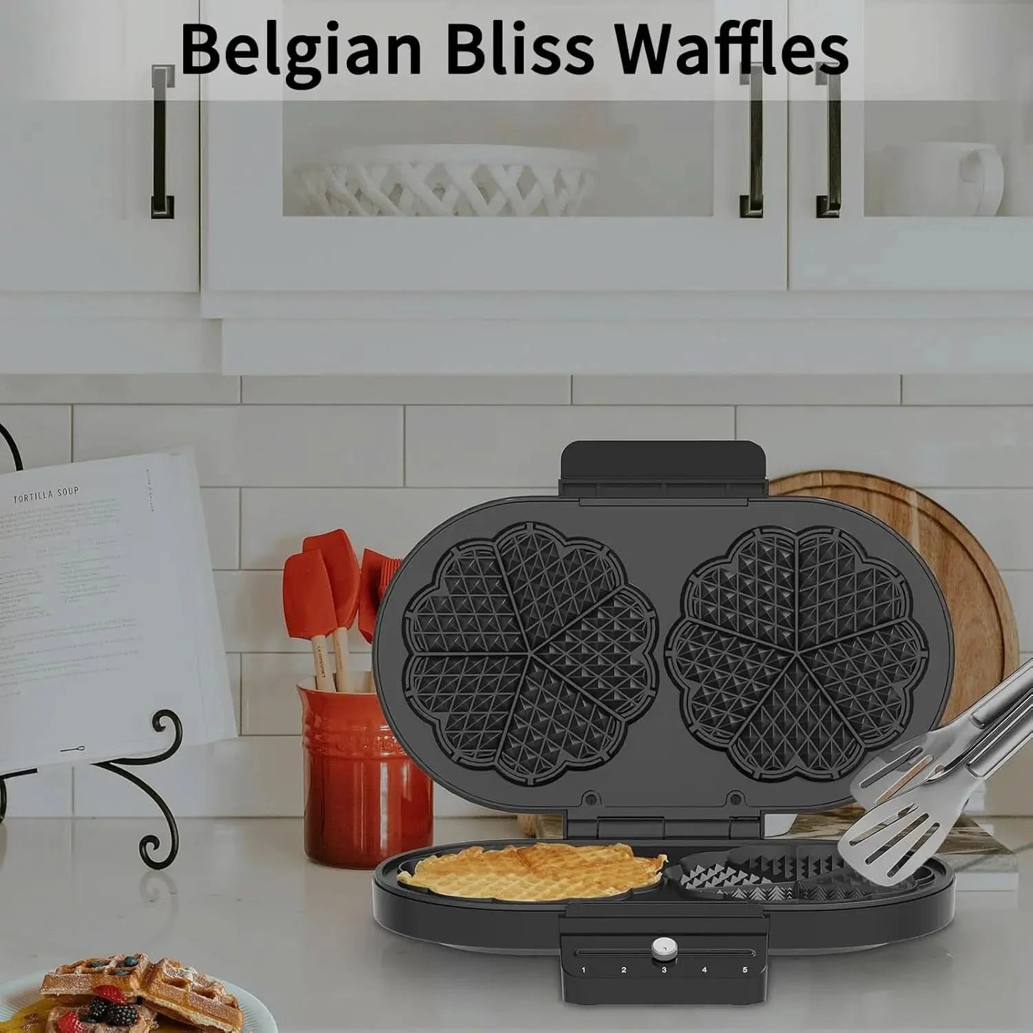 Electric Waffle Maker Heart-Shaped: 2 Non-Stick double-Side Heating Plates with 5-Setting Adjustable Browning Control for Fast H - M & M Global