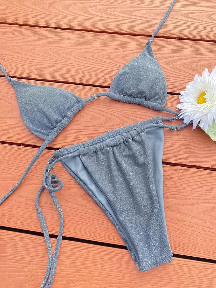Solid Color Bikini Set Shiny Swimwear Women Shiny Swimsuit Bandage Bikinis Micro Thong Biquini Brazilian Beachwear - M & M Global