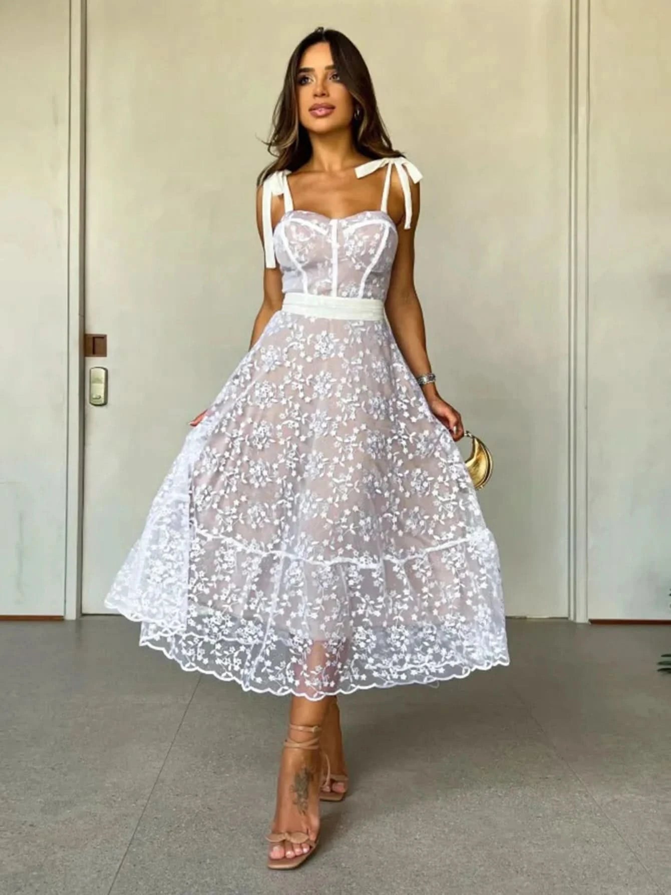 Sexy Lace Jacquard See Through Women Dress Sleeveless Tie Up Backless lace Long Dress Summer Party Ladies Bandage Party Dress - M & M Global