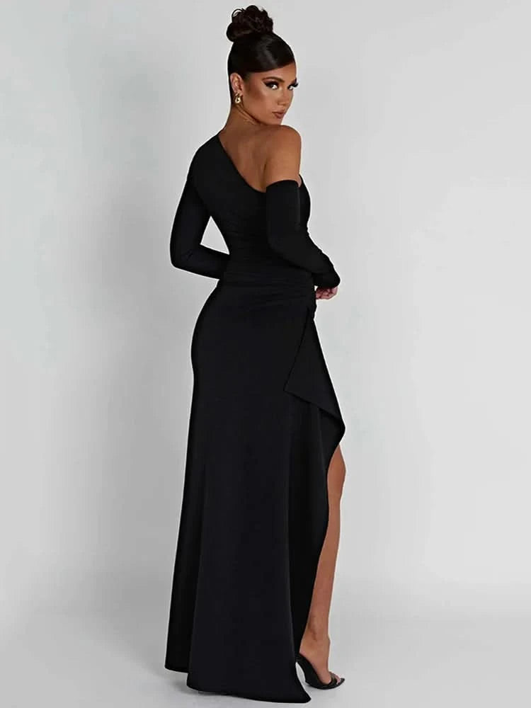 Mozision Oblique Shoulder Thigh High Split Maxi Dress Women Long Sleeve Backless Bodycon Sexy Club Party Long Dress Vestidos - M & M Global