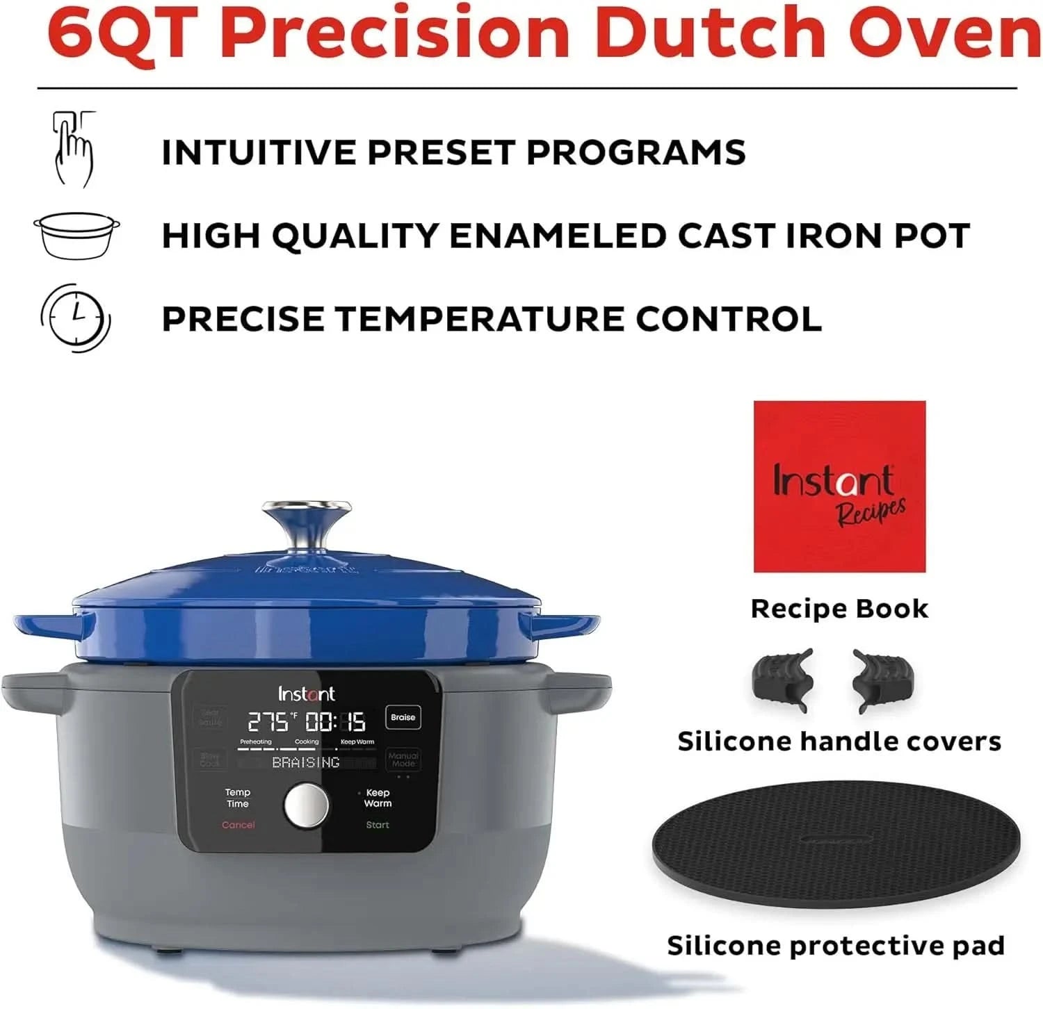 Instant Electric Round Dutch Oven, 6-Quart 1500W, From the Makers of , 5-in-1: Braise, Slow Cook, Sear/Sauté, Cooking Pan, Food - M & M Global