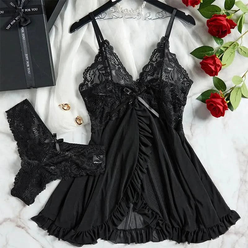 Tulle Suspenders Exquisite Women's Lencerias Lace V-Neck Underwear Semi-transparent Thong Dress Set Females Lingerie Nightgowns - M & M Global