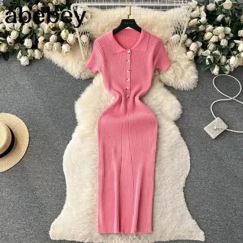 Summer Elastic Women Solid Knit Dress Summer Rose Red Retro Loose Sundress Sets 2024 bodycon Streetwear Sheer Beach Long Dress - M & M Global