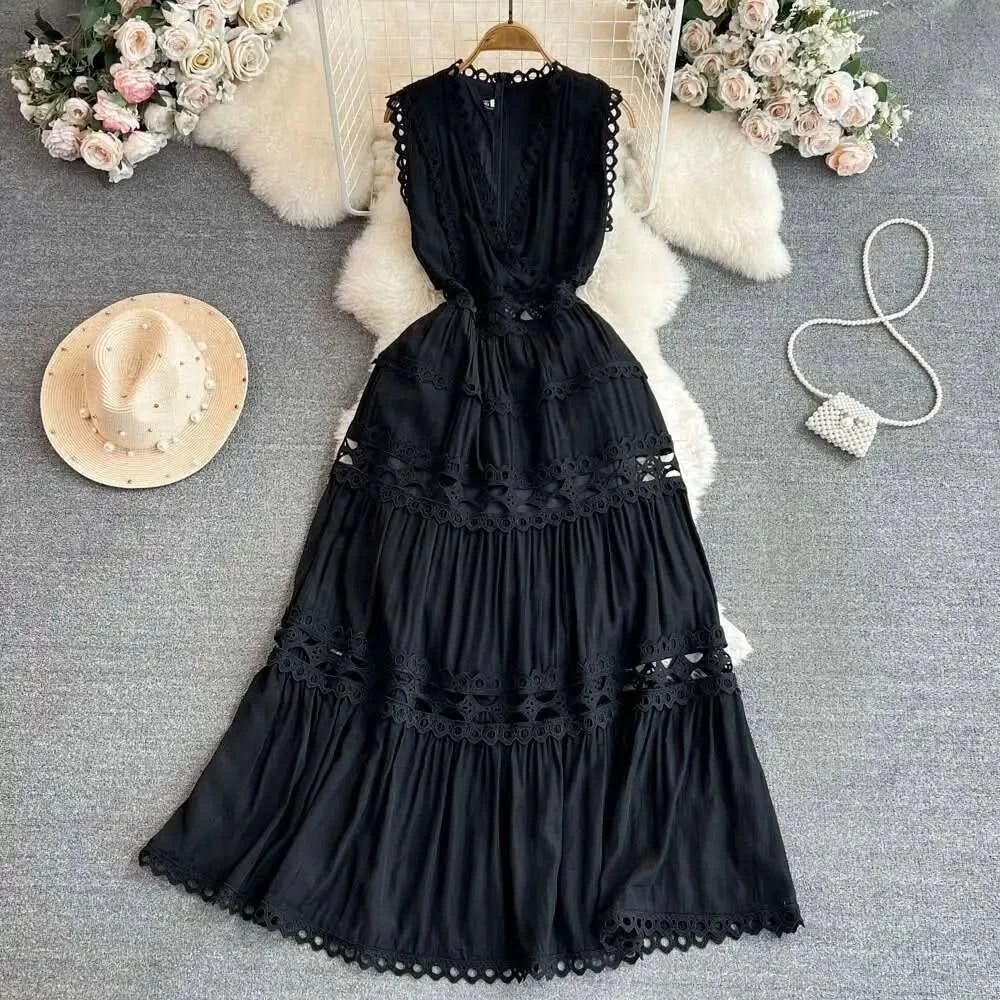 JAMERARY Designer New Summer Holiday White Embroidery Cotton Long Dress Women Sleeveless Midi Prom Evening Dresses Party Robe - M & M Global