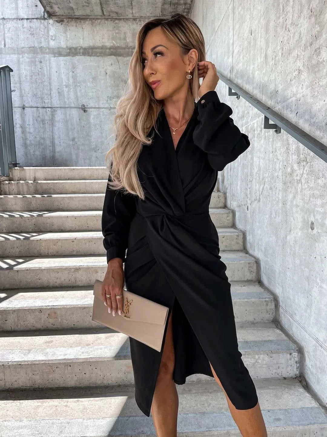 Dresses For Women 2024 Party Club Slim Dress Elegant Femme Solid Turn Down Collar Dress Summer Long Sleeve Office Dress Vestidos - M & M Global