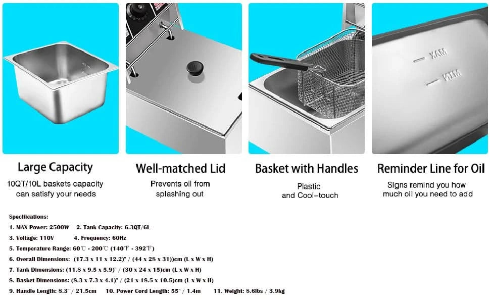 Heavy Duty Deep Fryer, 6.3QT/6L Stainless Steel Large Single-Cylinder Electric Fryers with Removable Basket and Professional Hea - M & M Global