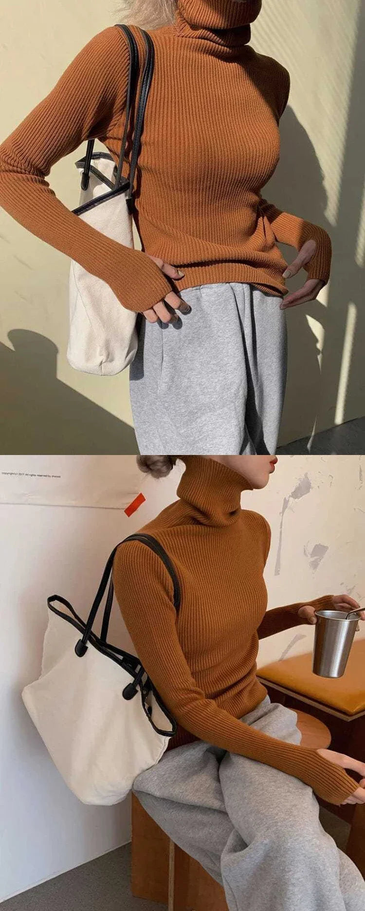 Knitted Sweater Women Korean Version Turtleneck Sweater Winter Solid Color Pullover Slimming Interior Lapping Warm Basic Tops